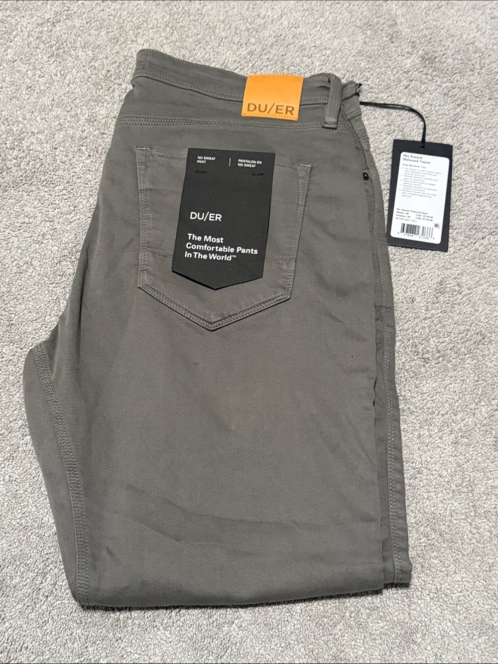 New DU/ER No Sweat Relaxed Taper Pants Size 38x30 Gull Grey